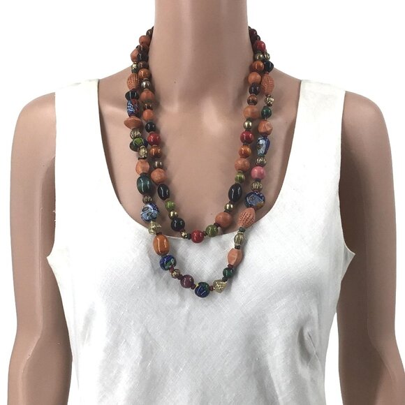Vintage Double Strand Necklace Beaded Brown Wooden Painted Artisan Beads - Picture 2 of 2